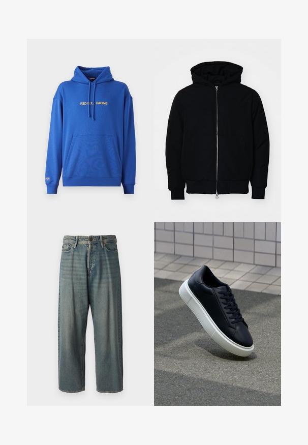 Melna kapucēta jaka ar priekšējo rāvējslēdzēju, kenguru kabatu, ribinātām aprocēm un apakšmalu, parādīta uz vienkārša balta fona.; Zils džemperis ar priekšējo kangaroo kabatu, regulējamu kapuci ar auklu un "RED BULL RACING" tekstu dzeltenā krāsā uz krūtīm. Mīksta auduma.; Gaiši zili džinsi ar brīvu piegriezumu, vidējo jostas augstumu un taisnām kājām. Satur piecas kabatas, jostas cilpas un pogu aizdari.; Melnas ādas kedas ar noapaļotu pirkstu un baltu gumijas zoli. Iespējas - plakanas šņorītes un minimāla apdare augšdaļā. Struktūrēta zole, lai nodrošinātu saķeri.