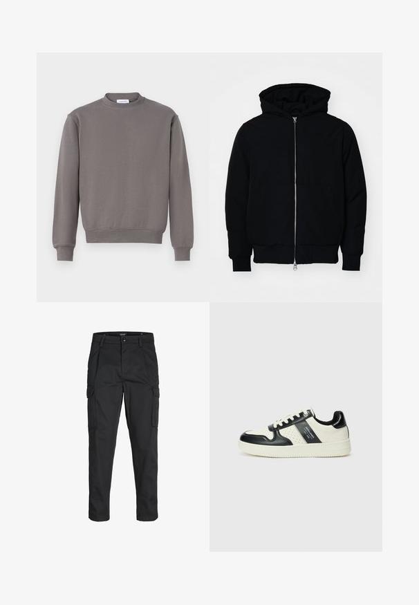 Sort hættejakke med frontlynlås, kængurulomme, ribbede manchetter og kant, præsenteret på en ensfarvet hvid baggrund.; Grå sweatshirt med rund hals, ribbede manchetter og kant. Fremstillet af blødt stof med en enkel, glat tekstur uden mønstre.; Sorte cargo-bukser lavet af slidstærkt stof, der har flere lommer, en knaplukning og et slim fit design med smalle ben.; Lædersneakers i sort og creme farveskema, med perforerede detaljer, en polstret krave og en struktureret ydersål.