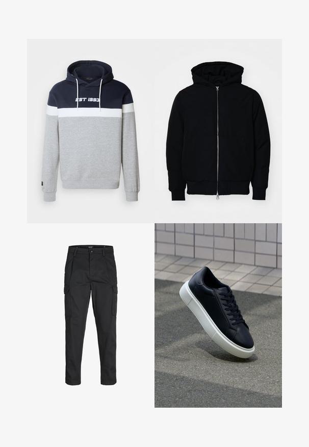 Black hooded jacket with front zipper, kangaroo pocket, ribbed cuffs, and hem, displayed on a plain white background.; Hooded sweatshirt featuring gray body, navy top panel, and white horizontal stripe with "EST 1993" printed in white. Cotton blend material.; Black cargo pants made of sturdy fabric, featuring multiple pockets, a button closure, and a slim fit design with tapered legs.; Black leather sneaker with rounded toe and white rubber sole. Features flat laces and minimal stitching on the upper. Textured sole for grip.