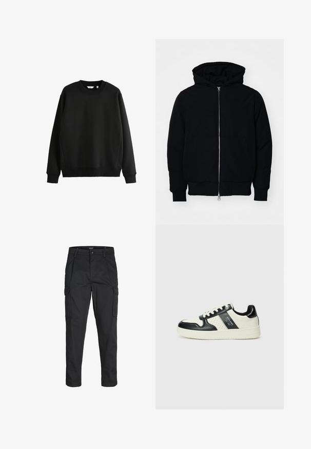 Mustaga kapuutsiga jakk, millel on esineed, kenguru tasku, soonikkoes, ja alläär, esitatud lihtsal valgel taustal.; Musta dressipluus, mis on valmistatud siledast kangast, ümmarguse kaelusega ja ribidega mansettidega. Omab sirget allserva ja minimalistlikku disaini.; Mustad mustapõlvik, mis on valmistatud tugeva koe kasutades, sisaldab mitmeid taskuid, nupule kinnitatav sulgemine ja kitsenev disain.; Nahatud nahkkingad musta ja kreemi värviskeemiga, millel on perforeeritud aktsendid, pehme krae ja tekstureeritud tallad.