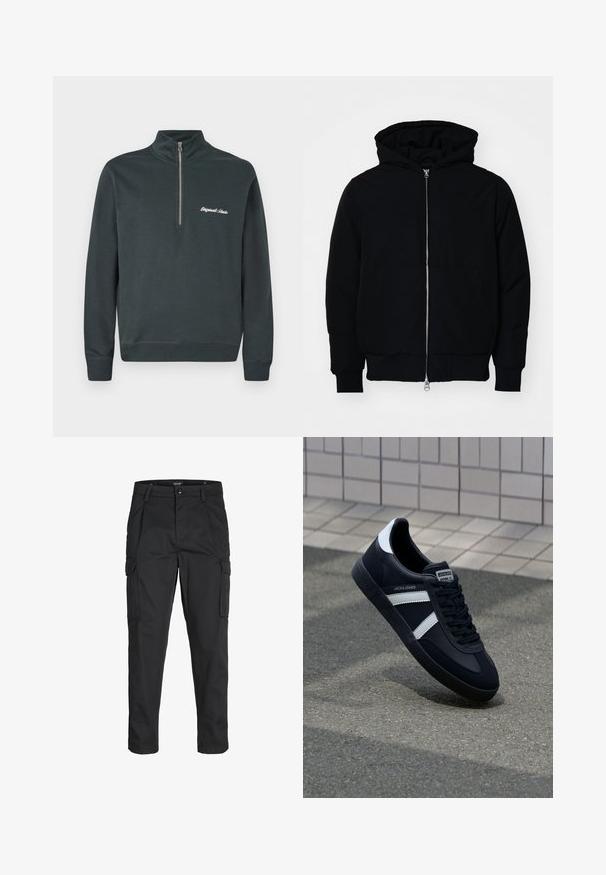 Melna kapucēta jaka ar priekšējo rāvējslēdzēju, kenguru kabatu, ribinātām aprocēm un apakšmalu, parādīta uz vienkārša balta fona.; Tumši pelēks džemperis ar augstu apkakli un puspogām. Uz kreisā krūšu ir baltā izšuvuma teksts "Originals Studio".; Melnas kravas bikses, izgatavotas no izturīga auduma, ar vairākiem kabatām, pogu aizdari un šaura piegriezuma dizainu ar sašaurinātiem kāju apakšiem.; Melnā ādas sporta apavi ar baltām svītrām, teksturēta gumijas zole un auklu aizdare. Iekļauj zīmola etiķeti uz mēles.