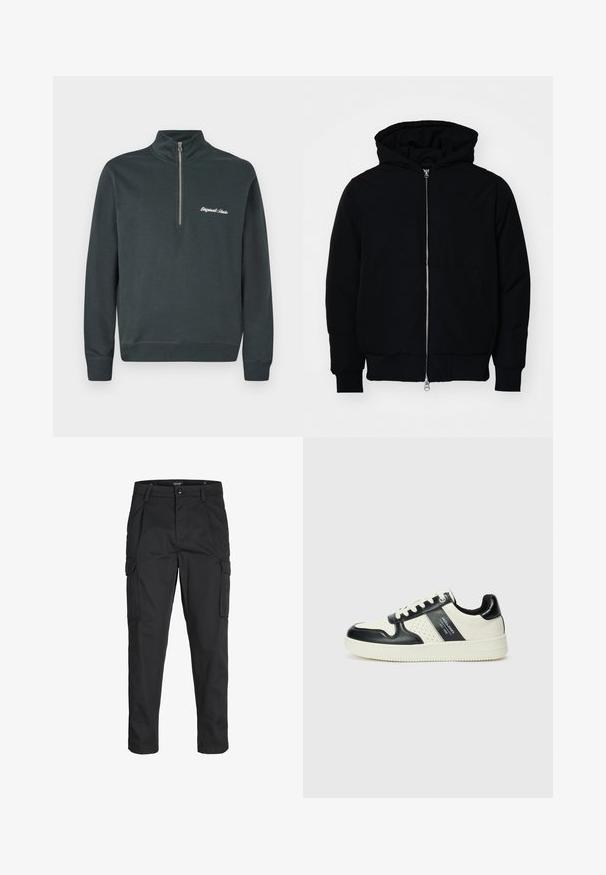 Black hooded jacket with front zipper, kangaroo pocket, ribbed cuffs, and hem, displayed on a plain white background.; Dark gray sweatshirt with a high collar and half zip. Features white embroidered text reading "Originals Studio" on the left chest.; Black cargo pants made of sturdy fabric, featuring multiple pockets, a button closure, and a slim fit design with tapered legs.; Leather sneakers with a black and cream color scheme, featuring perforated accents, a padded collar, and a textured outsole.