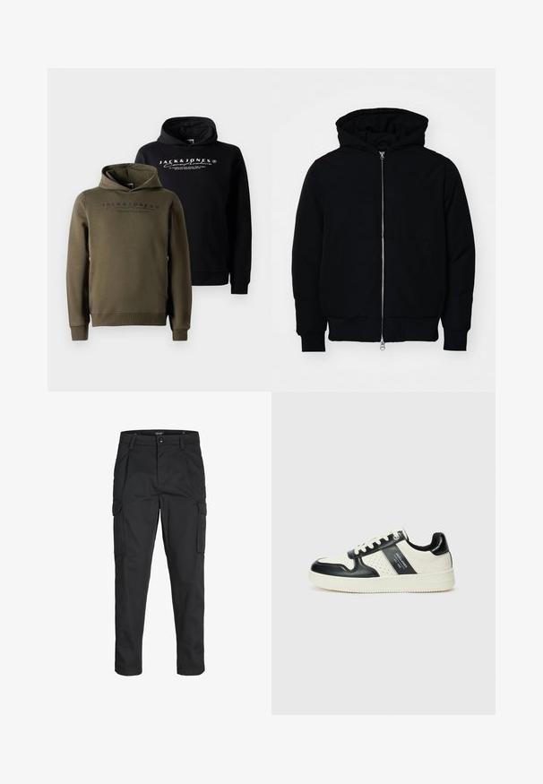 Veste à capuche noire avec fermeture éclair sur le devant, poche kangourou, poignets et ourlet côtelés, présentée sur un fond blanc uni.; Sweatshirts en noir et vert olive, avec une poche kangourou à l'avant, un capuchon avec cordon de serrage et une marque imprimée sur la poitrine. Tissu doux et lisse.; Pantalons cargo noirs en tissu résistant, dotés de plusieurs poches, d'une fermeture par bouton et d'une coupe slim avec des jambes fuselées.; Baskets en cuir avec un schéma de couleurs noir et crème, dotées d'accents perforés, d'un col rembourré et d'une semelle texturée.