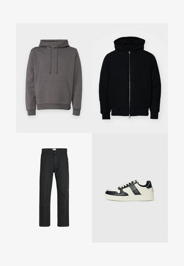 Veste à capuche noire avec fermeture éclair sur le devant, poche kangourou, poignets et ourlet côtelés, présentée sur un fond blanc uni.; Hoodie gris en matière douce, doté d'une poche kangourou, d'une capuche avec cordon de serrage ajustable, et de poignets et d'un ourlet côtelés.; Pantalons noirs en tissu durable, présentant un design à jambe droite, des accents cousus et deux poches avant pour la fonctionnalité.; Baskets en cuir avec un schéma de couleurs noir et crème, dotées d'accents perforés, d'un col rembourré et d'une semelle texturée.