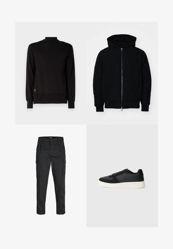 Giacca nera con cappuccio, dotata di zip frontale, tasca a marsupio, polsini e orlo a coste, esposta su uno sfondo bianco semplice.; Maglione nero a collo alto, maniche lunghe e un sottile dettaglio del logo. Realizzato in materiale liscio con orlo e polsini a coste.; Pantaloni cargo neri realizzati in un tessuto resistente, dotati di molteplici tasche, chiusura con bottone e un design aderente con gambe affusolate.; Sneaker nera bassa con pelle texture e pannelli in suede, suola in gomma bianca e lacci neri su uno sfondo chiaro e semplice.