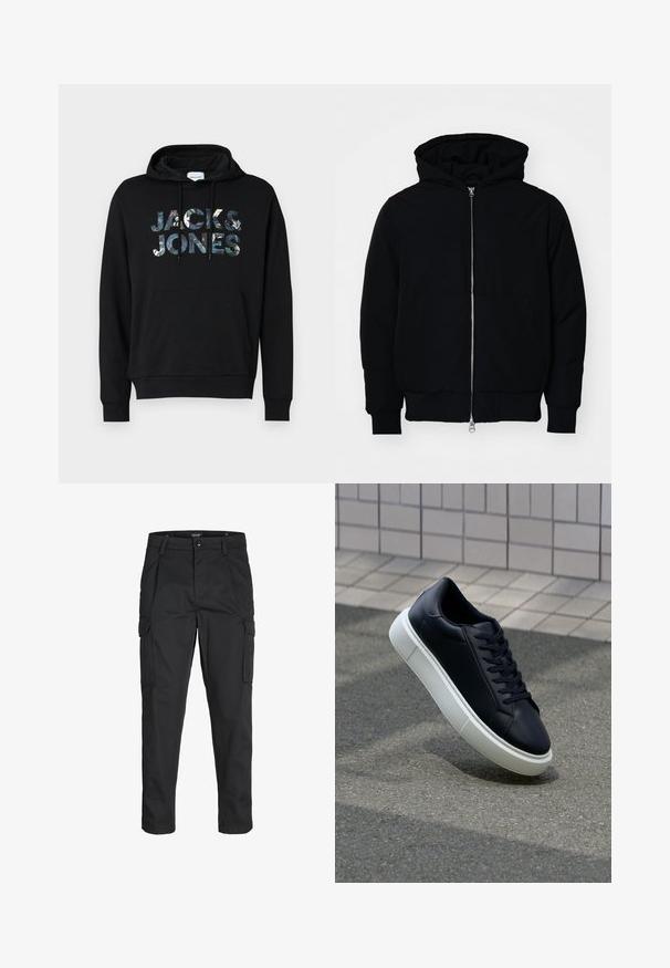 Melna kapucēta jaka ar priekšējo rāvējslēdzēju, kenguru kabatu, ribinātām aprocēm un apakšmalu, parādīta uz vienkārša balta fona.; Melna kapuce ar aukliņu. Priekšpusē ir liels, rakstains "JACK & JONES" logo. Materiāls izskatās mīksts ar gludu tekstūru.; Melnas kravas bikses, izgatavotas no izturīga auduma, ar vairākiem kabatām, pogu aizdari un šaura piegriezuma dizainu ar sašaurinātiem kāju apakšiem.; Melnas ādas kedas ar noapaļotu pirkstu un baltu gumijas zoli. Iespējas - plakanas šņorītes un minimāla apdare augšdaļā. Struktūrēta zole, lai nodrošinātu saķeri.