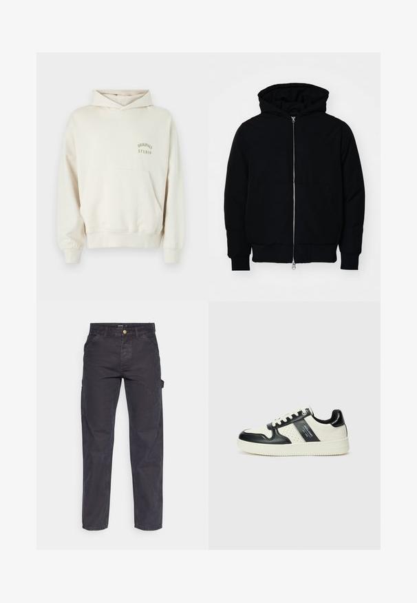 Chaqueta negra con capucha, cierre frontal, bolsillo tipo canguro, y puños y dobladillo acanalados, exhibida sobre un fondo blanco liso.; Sudadera color crema con bolsillo frontal, puños y dobladillo acanalados. Presenta "ORIGINALS STUDIO" en impresión dorada en el lado izquierdo del pecho.; Pantalones cargo de color gris oscuro, confeccionados con un tejido duradero, que presentan un corte recto, cinco bolsillos y un cierre de botón en la cintura.; Zapatillas de cuero con un esquema de colores negro y crema, que cuentan con acentos perforados, un collar acolchado y una suela texturizada.