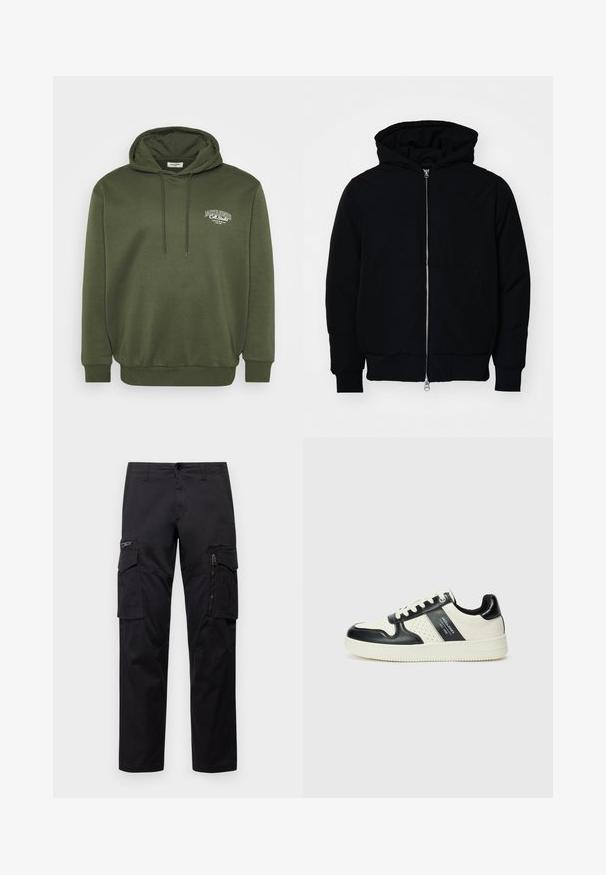 Chaqueta negra con capucha, cierre frontal, bolsillo tipo canguro, y puños y dobladillo acanalados, exhibida sobre un fondo blanco liso.; Sudadera de color verde oliva hecha de una mezcla de algodón, con un bolsillo canguro en la parte frontal, capucha con cordón y bordado blanco del logo en el pecho.; Pantalones cargo negros con múltiples bolsillos, un bolsillo con cremallera en el muslo, corte recto y tejido de algodón resistente con un ligero brillo.; Zapatillas de cuero con un esquema de colores negro y crema, que cuentan con acentos perforados, un collar acolchado y una suela texturizada.