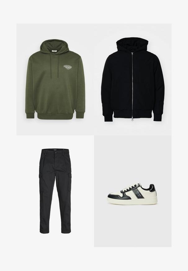 Black hooded jacket with front zipper, kangaroo pocket, ribbed cuffs, and hem, displayed on a plain white background.; Olive green hoodie made of cotton blend fabric, featuring a front kangaroo pocket, drawstring hood, and white logo embroidery on the chest.; Black cargo pants made of sturdy fabric, featuring multiple pockets, a button closure, and a slim fit design with tapered legs.; Leather sneakers with a black and cream color scheme, featuring perforated accents, a padded collar, and a textured outsole.