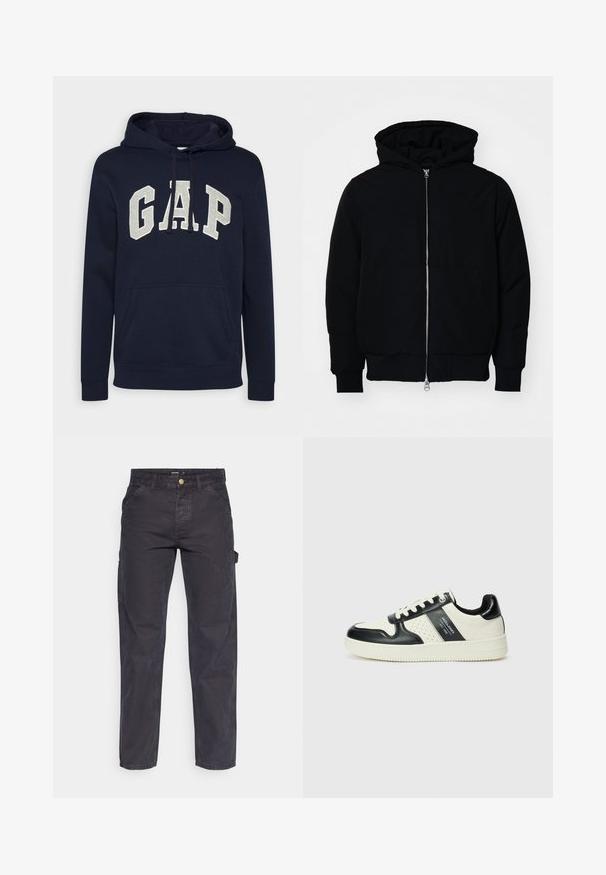 Zwarte hoodie met rits aan de voorkant, kangoeroe-pocket, geribbelde manchetten en zoom, weergegeven op een effen witte achtergrond.; Navyblauwe katoenen hoodie met een groot, lichtgrijs 'GAP' logo, een voorste buidelzak en trekkoorden bij de capuchon. Klassiek ontwerp met ribbelboorden.; Donkergrijze cargobroek van duurzaam materiaal, met een rechte pijp, vijf zakken en een knoopsluiting in de taille.; Leren sneakers met een zwart en crèmekleurig kleurenschema, voorzien van geperforeerde accenten, een gevoerde kraag en een gestructureerde buitenzool.