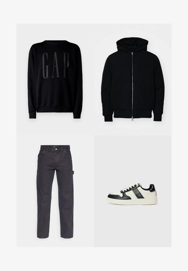 Mustaga kapuutsiga jakk, millel on esineed, kenguru tasku, soonikkoes, ja alläär, esitatud lihtsal valgel taustal.; GAP Pusa - black; Tumehallid cargo-püksid, mis on valmistatud vastupidavast kangast, sirge lõikega, viie tasku ja nupuga kinnitusega vööl.; Nahatud nahkkingad musta ja kreemi värviskeemiga, millel on perforeeritud aktsendid, pehme krae ja tekstureeritud tallad.