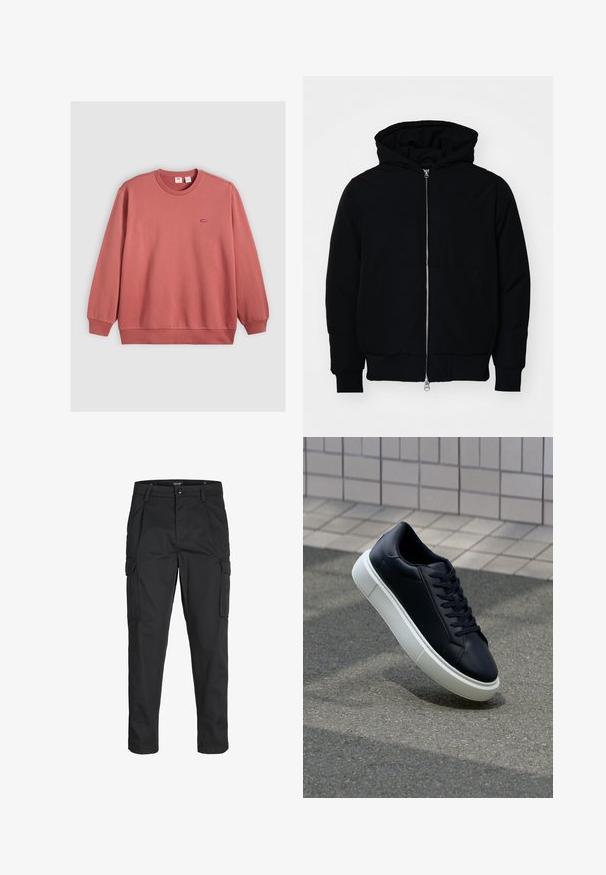 Svart huoodiejacka med framdragkedja, känguruficka, ribbade ärmslut och nederkant, uppställd mot en vit bakgrund.; Crewneck sweatshirt i dammig rosafärg, tillverkad av mjuk bomullsblandning, med ribbade mudd och fåll samt ett litet logopatch på bröstet.; Svarta cargobyxor tillverkade av hållbart tyg, med flera fickor, knappstängning och en smal passform med avsmalnande ben.; Svart lädersneaker med rundad tå och vit gummisula. Har platta snören och minimal sömnad på ovansidan. Texturerad sula för grepp.