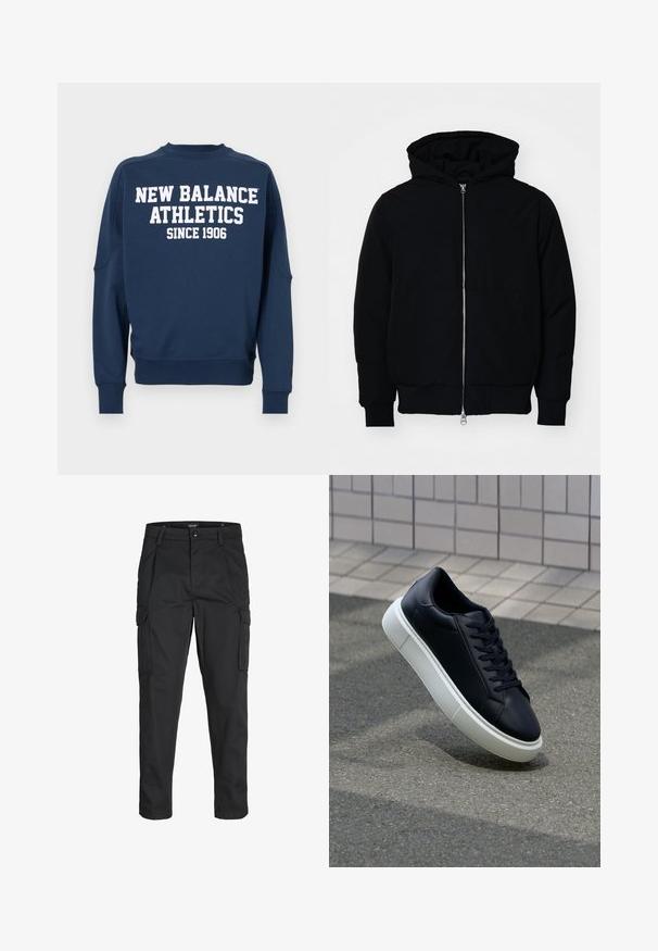 Crna kapuška jakna s prednjim zatvaračem, kenguru džepom, rebrastim manžetama i rubom, prikazana na običnoj bijeloj pozadini.; Mornaroplava dukserica s okruglim izrezom, dugim rukavima, i bijelim natpisom "NEW BALANCE ATHLETICS SINCE 1906" na prednjoj strani.; Crne cargo hlače izrađene od čvrstog materijala, s brojnim džepovima, kopčanjem na gumb i dizajnom koji pomaže da se prilagode tijelu sa suženim nogavicama.; Crne kožne tenisice s zaobljenim vrhom i bijelim gumiranim potplatom. Imaju ravne vezice i minimalno šivanje na gornjem dijelu. Teksturirani potplat za bolje prianjanje.