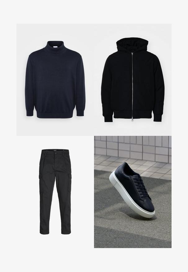 Black hooded jacket with front zipper, kangaroo pocket, ribbed cuffs, and hem, displayed on a plain white background.; Jack & Jones JJEBASIC ROLL NECK - Jumper - navy; Black cargo pants made of sturdy fabric, featuring multiple pockets, a button closure, and a slim fit design with tapered legs.; Black leather sneaker with rounded toe and white rubber sole. Features flat laces and minimal stitching on the upper. Textured sole for grip.