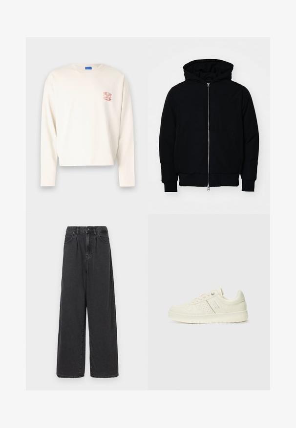 Veste à capuche noire avec fermeture éclair sur le devant, poche kangourou, poignets et ourlet côtelés, présentée sur un fond blanc uni.; T-shirt en coton crème à manches longues avec un design court, comportant un logo graphique rose sur la poitrine gauche et un col rond classique.; Pantalons en denim noir à taille haute, coupe large, avec une fermeture à bouton et zip à l'avant, dotés de poches latérales et d'une texture lisse.; Sneaker couleur crème avec des détails perforés, des lacets et un logo sur le côté, présenté sur un fond blanc uni.
