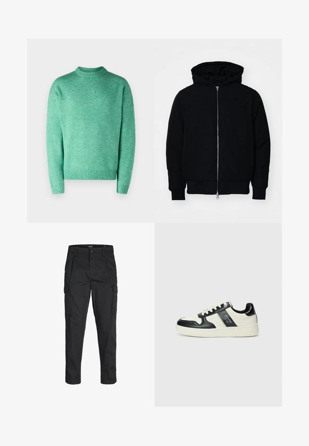 Črna kapuca jakna s sprednjim zadrgo, kenguru žepom, rebrastimi manšetami in hemom, razstavljena na enostavni beli ozadju.; Jack & Jones JOROLLIE CREW NECK - Pulover - holly green; Črne cargo hlače iz trdnega blaga, ki imajo več žepov, gumbasto zapiranje in ozek kroj z zožanimi nogami.; Usnjeni športni čevlji z črno in krem barvno shemo, ki vključujejo perforirane dodatke, podložen ovratnik in strukturirano podplat.