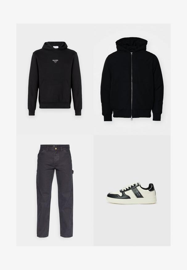 Zwarte hoodie met rits aan de voorkant, kangoeroe-pocket, geribbelde manchetten en zoom, weergegeven op een effen witte achtergrond.; Zwarte hoodie gemaakt van een mix van katoen, met een voorkantzak, geribde manchetten en een klein geborduurd logo in het wit op de borst.; Donkergrijze cargobroek van duurzaam materiaal, met een rechte pijp, vijf zakken en een knoopsluiting in de taille.; Leren sneakers met een zwart en crèmekleurig kleurenschema, voorzien van geperforeerde accenten, een gevoerde kraag en een gestructureerde buitenzool.