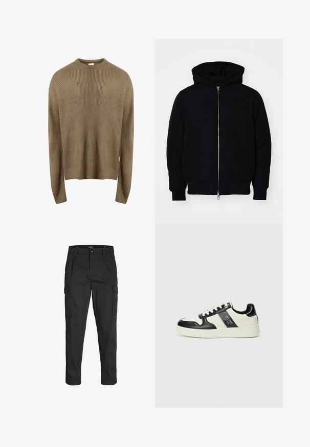 Černá kapucňová bunda s předním zipem, klokaní kapsou, vroubkovanými manžetami a spodním lemem, vystavená na čistém bílém pozadí.; Redefined Rebel MILTON BOXY FIT - Svetr - sand; Černé cargo kalhoty vyrobené z odolné tkaniny, s mnoha kapsami, knoflíkovým zapínáním a slim fit střihem se zúženými nohavicemi.; Kožené tenisky s černobílou barevnou kombinací, které mají perforované detaily, polstrovaný límec a texturovanou podrážku.