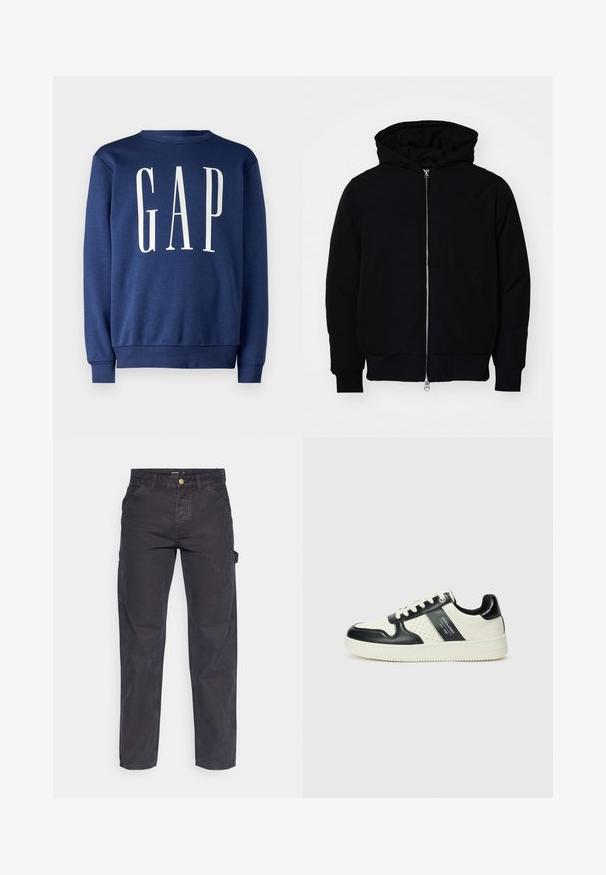 Čierna kapucňová bunda s predným zipsom, klokaními vreckami, rebrovanými manžetami a lemom, zobrazená na bielom pozadí.; GAP Mikina - blue shade; Tmavošedé cargo nohavice vyrobené z odolného materiálu, s rovnými nohavicami, piatimi vreckami a gombíkovým zapínaním v páse.; Kožené tenisky v čierno-krémovej farbe, s perforovanými akcentmi, polstrovaným golierom a štruktúrovanou podrážkou.