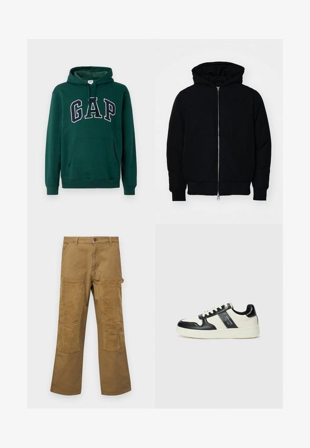 Čierna kapucňová bunda s predným zipsom, klokaními vreckami, rebrovanými manžetami a lemom, zobrazená na bielom pozadí.; Zelená mikina z bavlnenej zmesi, s klokankou, kapucňou so sťahovacou šnúrkou a veľkým logom "GAP" v bielej a námorníckej farbe.; Cargo nohavice vyrobené z hnedého bavlneného materiálu s kontrastnými rebrovanými záplatami, rovný strih, päť vreciek a zapínanie na gombík.; Kožené tenisky v čierno-krémovej farbe, s perforovanými akcentmi, polstrovaným golierom a štruktúrovanou podrážkou.