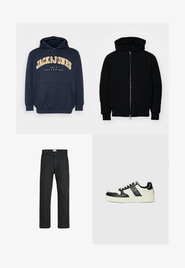 Črna kapuca jakna s sprednjim zadrgo, kenguru žepom, rebrastimi manšetami in hemom, razstavljena na enostavni beli ozadju.; Temno modra kapuca s sprednjim kenguru žepom, vrvicami in izrazitim rumenim grafičnim napisom "JACK & JONES" nad "EST. 1990" in "WORLDWIDE."; Črne hlače iz trpežnega materiala, s krojem naravnih nog, našitki ter dvema sprednjima žepoma za funkcionalnost.; Usnjeni športni čevlji z črno in krem barvno shemo, ki vključujejo perforirane dodatke, podložen ovratnik in strukturirano podplat.