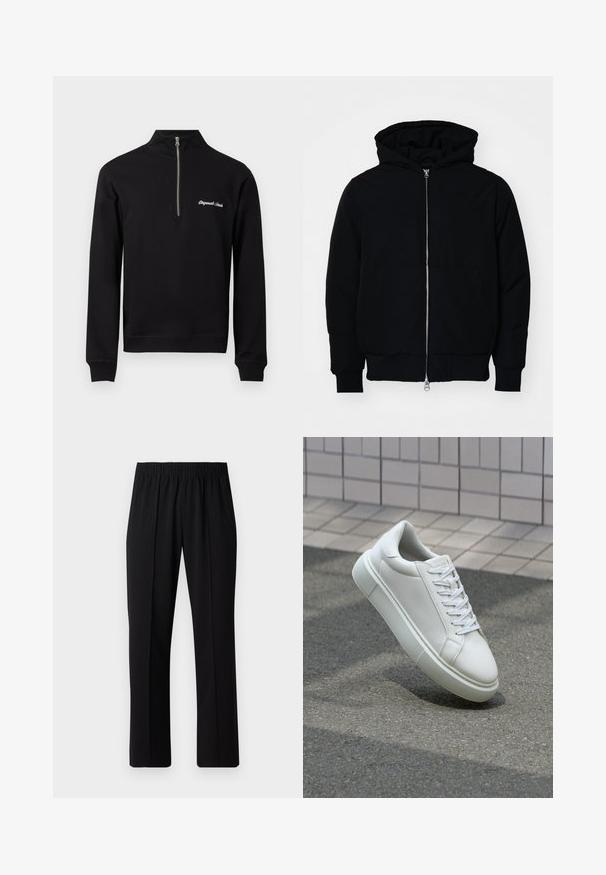 Svart hettejakke med frontglidelås, kengurulomme, ribbestrikket mansjetter og søm, vist på en ensfarget hvit bakgrunn.; Svart genser med kvart glidelås og høy krage, med hvit brodert tekst "Originals Canada" på venstre brystområde.; Svart, elastisk midjebukser med rett ben-design, med en glatt tekstur og uten synlige mønstre eller maskinvare.; Hvit lær sneaker med glatt overflate, rund tå og flate hvite snøringer. Har en teksturert gummisåle og minimale design elementer.