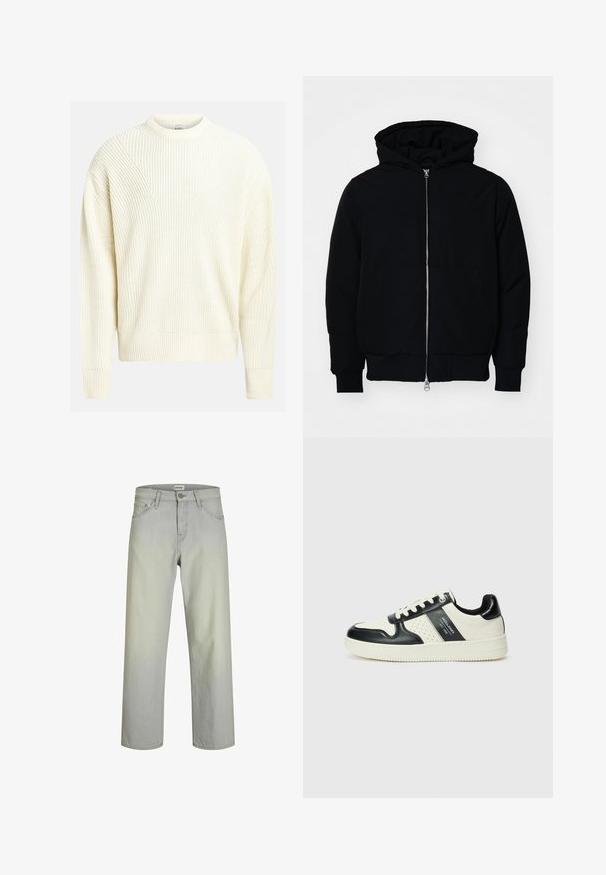Giacca nera con cappuccio, dotata di zip frontale, tasca a marsupio, polsini e orlo a coste, esposta su uno sfondo bianco semplice.; Maglione a maglia color crema chiaro con texture a coste, collo rotondo e spalle scese; presenta una vestibilità comoda e un colore uniforme.; Jeans grigio chiaro, aderenti dritti con un classico design a cinque tasche, chiusura a bottone e passanti per cintura. Realizzati in tessuto denim con una trama liscia.; Sneakers in pelle con una combinazione di colori nero e crema, dotati di dettagli perforati, collare imbottito e suola testurizzata.