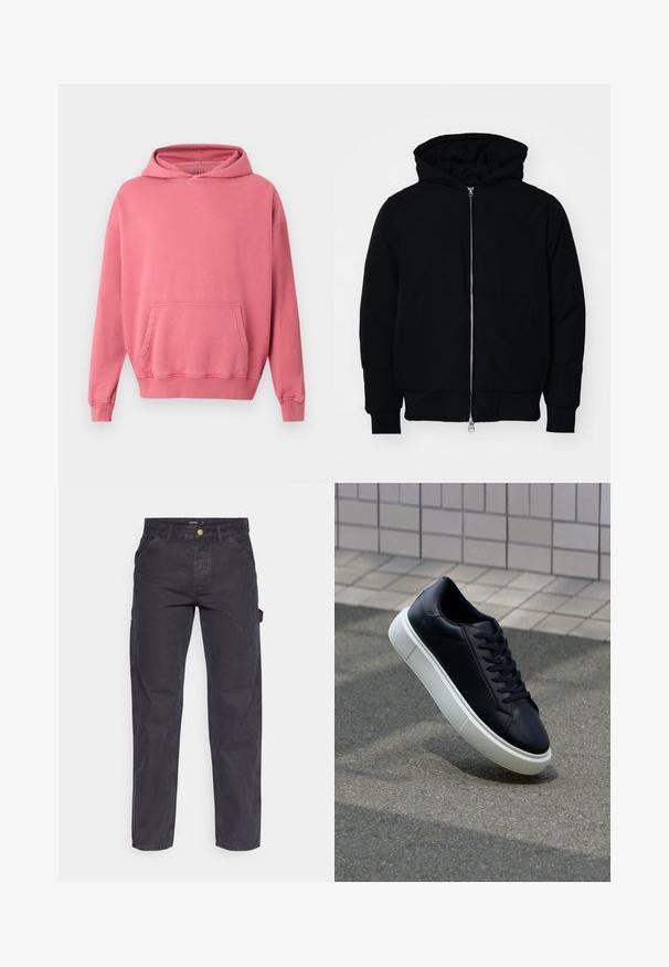 Sort hættejakke med frontlynlås, kængurulomme, ribbede manchetter og kant, præsenteret på en ensfarvet hvid baggrund.; Lyserød hættetrøje med kengurulomme, ribstrikkede manchetter og kant. Fremstillet af blødt, tekstureret stof. Enkel design, ingen synlige logoer eller mønstre.; Mørkegrå cargo-bukser lavet af slidstærkt stof, med lige ben, fem lommer og en knaplukning i taljen.; Sort lædersneaker med rund tå og hvid gummisål. Har flade snørebånd og minimal syning på overdelen. Tekstureret sål for bedre greb.