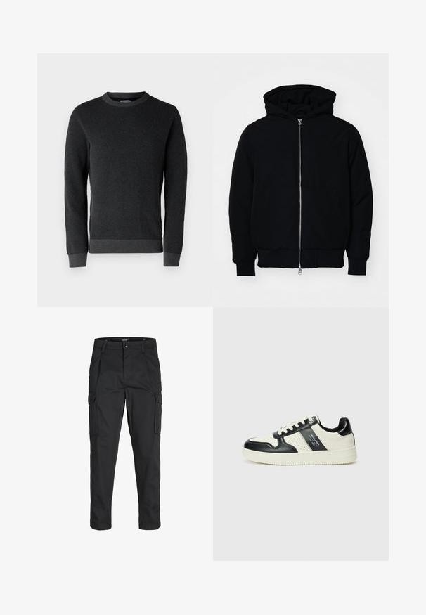 Black hooded jacket with front zipper, kangaroo pocket, ribbed cuffs, and hem, displayed on a plain white background.; Dark grey knit sweater with a textured surface, round neckline, and ribbed cuffs and hem. Features long sleeves and a classic fit.; Black cargo pants made of sturdy fabric, featuring multiple pockets, a button closure, and a slim fit design with tapered legs.; Leather sneakers with a black and cream color scheme, featuring perforated accents, a padded collar, and a textured outsole.