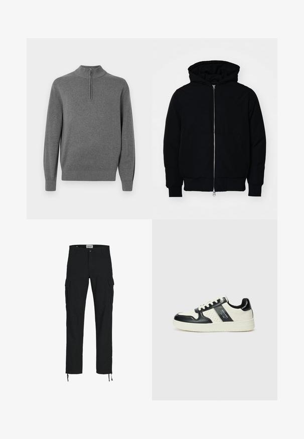 Zwarte hoodie met rits aan de voorkant, kangoeroe-pocket, geribbelde manchetten en zoom, weergegeven op een effen witte achtergrond.; Grijze pullovertrui met een hoge hals en een rits tot halfweg. Gemaakt van zachte stof, met ribgebreide manchetten en zoom.; Zwarte cargobroek met een rechte snit, voorzien van zijzakken, een knoopsluiting en elastische trekkoorden bij de enkels. Gemaakt van duurzame stof.; Leren sneakers met een zwart en crèmekleurig kleurenschema, voorzien van geperforeerde accenten, een gevoerde kraag en een gestructureerde buitenzool.