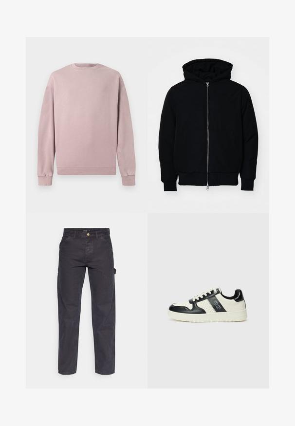 Svart hettejakke med frontglidelås, kengurulomme, ribbestrikket mansjetter og søm, vist på en ensfarget hvit bakgrunn.; Lys rosa genser med klassisk rund hals, ribbede mansjetter og kant. Laget av mykt, strukturert materiale. Enkel design uten mønstre.; Mørkegrå cargo bukser laget av slitesterkt stoff, med rett benklipp, fem lommer og knapplukking i livet.; Lædersneakers med sort og creme farveskema, der har perforerede detaljer, en polstret krave og en struktureret ydersål.