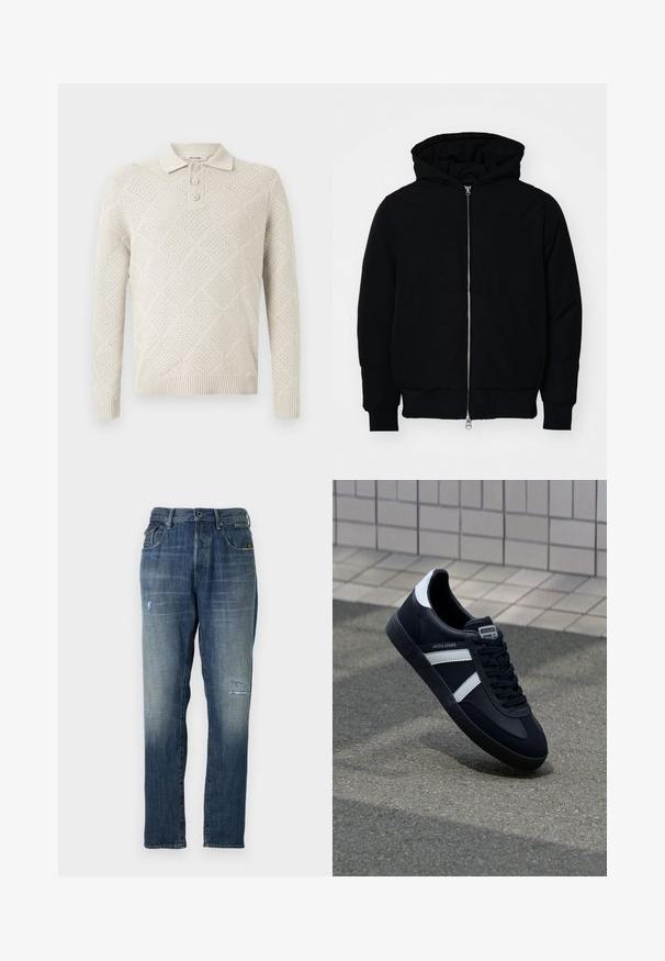 Jachetă neagră cu glugă, cu fermoar în față, buzunar tip kangaroo, mansete și tiv ribbed, prezentată pe un fundal alb simplu.; Pulover polo tricotat de culoare bej deschis, cu un model în diamant, guler cu trei nasturi și manșete și margine increțite.; Jeans din denim cu o culoare albastră decolorată, design cu picior dreapta, uzură moderată pe partea din față și un stil clasic cu cinci buzunare.; Sneaker din piele neagră cu dungi albe, talpă din cauciuc texturat și șireturi. Prezintă un eticheta de marcă pe limbă.
