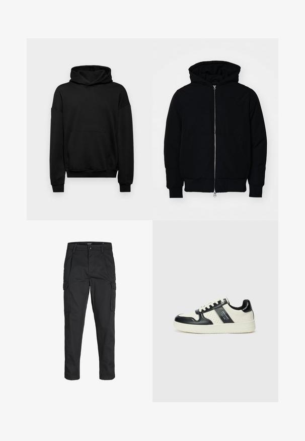 Svart huoodiejacka med framdragkedja, känguruficka, ribbade ärmslut och nederkant, uppställd mot en vit bakgrund.; Svart hoodie gjord av bomullsblandning, med en stor framtill ficka, ribbade ärmslut och en huva med dragsko. Enkel, odekorerad design.; Svarta cargobyxor tillverkade av hållbart tyg, med flera fickor, knappstängning och en smal passform med avsmalnande ben.; Läder sneakers med en svart och krämfärgad färgsättning, med perforerade detaljer, en vadderad krage och en strukturerad yttersula.