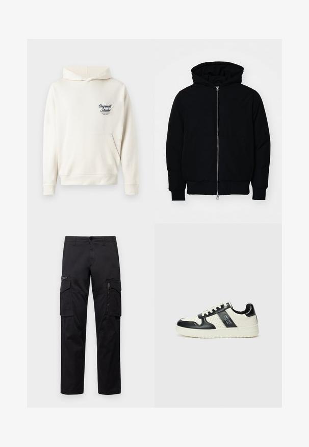 Černá kapucňová bunda s předním zipem, klokaní kapsou, vroubkovanými manžetami a spodním lemem, vystavená na čistém bílém pozadí.; Krémová mikina s kapucí vyrobená z měkké tkaniny, s přední kapsou, žebrovanými manžetami a malým vyšitým logem na hrudi.; Černé cargo kalhoty s několika kapsami, zipovou kapsou na stehnu, přímým střihem a pevnou bavlněnou tkaninou s lehkým leskem.; Kožené tenisky s černobílou barevnou kombinací, které mají perforované detaily, polstrovaný límec a texturovanou podrážku.