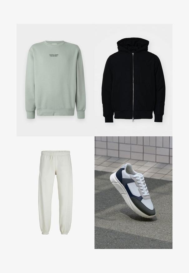 Čierna kapucňová bunda s predným zipsom, klokaními vreckami, rebrovanými manžetami a lemom, zobrazená na bielom pozadí.; Svetlá šalviová mikina s dlhými rukávmi a čiernym textom "Crafted Goods - Pier One Denim" umiestneným na hrudi.; Biele teplákové nohavice vyrobené z mäkkej textílie, s elastickým pásom a manžetami, s hladkým povrchom a voľným strihom.; Biele, námornícke a šedé tenisky s kombinovaným materiálom, so štruktúrovaným zvrškom, plochými šnúrkami a polstrovanou podošvou.