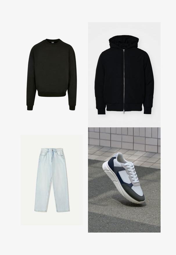 Svart huoodiejacka med framdragkedja, känguruficka, ribbade ärmslut och nederkant, uppställd mot en vit bakgrund.; Svart crewnecksweatshirt i bomullsmaterial, med långa ärmar och ribbade muddar och fåll. Enkel design i en enfärgad nyans.; Ljust blå denimjeans med avslappnad passform, raka ben, femfickorsdesign och subtila blekningar på tyget.; Vit, marinblå och grå sneaker med en blandad materialdesign, som har ett texturerat ovandel, platta snören och en vadderad sula.