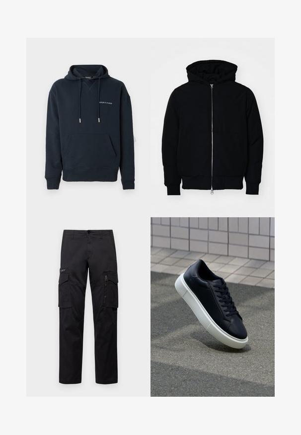 Sort hættejakke med frontlynlås, kængurulomme, ribbede manchetter og kant, præsenteret på en ensfarvet hvid baggrund.; Marineblå hættetrøje lavet af bomuld, med en kængurulomme og hvidt trykt logo på brystet, samt sølvfarvede snøre detaljer.; Sorte cargo-bukser med multiple lommer, en lynlåslomme på låret, lige pasform og holdbart bomuldsstof med let glans.; Sort lædersneaker med rund tå og hvid gummisål. Har flade snørebånd og minimal syning på overdelen. Tekstureret sål for bedre greb.