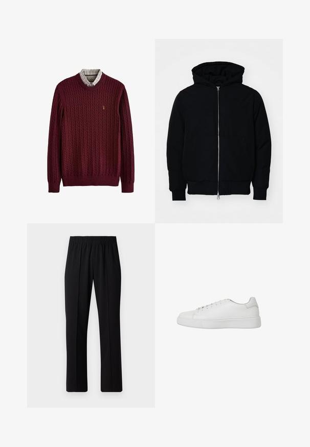 Czarna kurtka z kapturem, z suwakiem z przodu, kieszenią kangurką, ściągaczami przy mankietach i dolnym brzegu, prezentowana na jednolitym białym tle.; Burgundowy sweter z warkoczowym splotem z ribbowym dekoltem, z kratkowanym kołnierzykiem pod spodem i małym logo na piersi.; Czarne spodnie z elastycznym pasem o prostym kroju, z gładką strukturą i bez widocznych wzorów czy elementów metalowych.; Białe sneakersy wykonane z gładkiej skóry, z zaokrąglonym czubkiem, przeszyciami i płaską gumową podeszwą. Minimalistyczny design z zapięciem na sznurowadła.