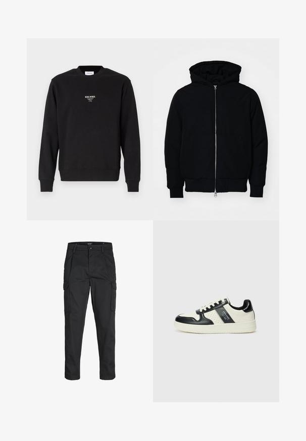 Mustat huppu-untuvatakki, jossa on vetoketju edessä, kenguru-tasku, ribatut hihansuut ja helma, esillä yksinkertaisella valkoisella taustalla.; Musta collegepaita, joka on valmistettu puuvillasekoitteesta. Siinä on pyöreä kaula-auko, resorit käsivarsissa ja pieni valkoinen logo rintaosassa. Pinta on sileä.; Mustat cargo-housut, jotka on valmistettu kestävästä kankaasta. Housuissa on useita taskuja, nappisulku ja kapea istuvuus, jossa on kapenevat lahkeet.; Nahkakengät musta-kerma värimaailmassa, joissa on rei'itetyt yksityiskohdat, pehmustettu nilkkaosa ja teksturoitu pohja.