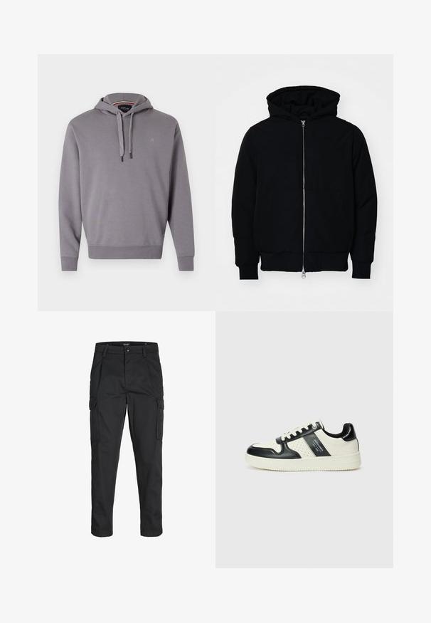 Černá kapucňová bunda s předním zipem, klokaní kapsou, vroubkovanými manžetami a spodním lemem, vystavená na čistém bílém pozadí.; Šedá mikina s kapucí a šňůrkou, s ribbovanými manžetami a lemem, na hrudi s malým logem. Měkká látka s hladkým povrchem.; Černé cargo kalhoty vyrobené z odolné tkaniny, s mnoha kapsami, knoflíkovým zapínáním a slim fit střihem se zúženými nohavicemi.; Kožené tenisky s černobílou barevnou kombinací, které mají perforované detaily, polstrovaný límec a texturovanou podrážku.