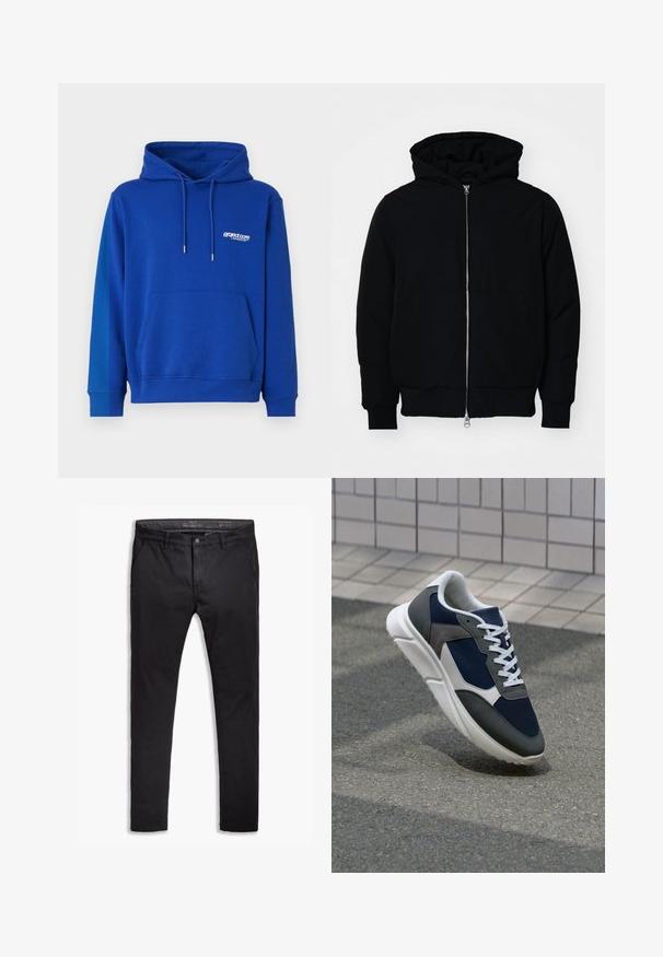 Jachetă neagră cu glugă, cu fermoar în față, buzunar tip kangaroo, mansete și tiv ribbed, prezentată pe un fundal alb simplu.; Hanorac albastru cu glugă, cu un buzunar tip kangaroo, glugă cu șnur și manșete ribbate. Dispune de un mic logo alb pe piept. Textură moale.; Chino negre din bumbac cu o croială ajustată, având cinci buzunare, bucle pentru curea și o textură netedă. Mânecuță cu fermoar și închidere cu nasture.; Adidași cu un uppers din plasă albastră închisă, accente din suede gri, talpă din cauciuc alb și șireturi plate albe, concepuți pentru confort și respirabilitate.
