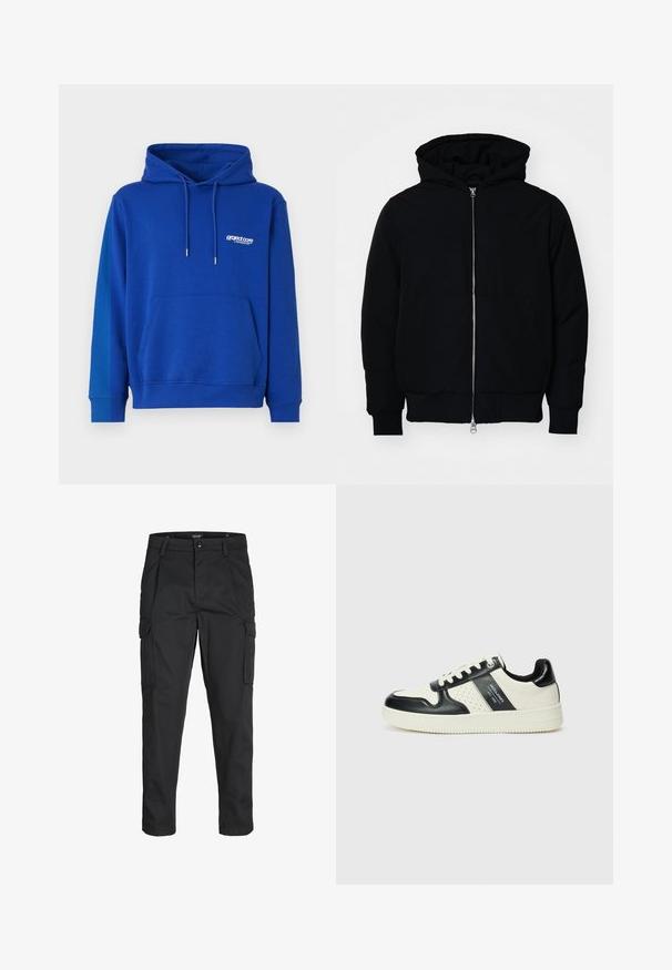 Čierna kapucňová bunda s predným zipsom, klokaními vreckami, rebrovanými manžetami a lemom, zobrazená na bielom pozadí.; Modrá mikina s kapucňou a klokankou, šnúrkou na kapucni a rebrovanými manžetami. Na hrudi je malá biela nášivka. Mäkká textúra.; Čierne cargo nohavice z odolnej látky, s viacerými vreckami, gombíkovým zapínaním a úzkym strihom so zúženými nohavicami.; Kožené tenisky v čierno-krémovej farbe, s perforovanými akcentmi, polstrovaným golierom a štruktúrovanou podrážkou.