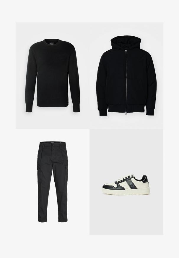 Black hooded jacket with front zipper, kangaroo pocket, ribbed cuffs, and hem, displayed on a plain white background.; Black knit sweater with long sleeves, round neckline, ribbed cuffs and hem, featuring a small logo label at the bottom left.; Black cargo pants made of sturdy fabric, featuring multiple pockets, a button closure, and a slim fit design with tapered legs.; Leather sneakers with a black and cream color scheme, featuring perforated accents, a padded collar, and a textured outsole.