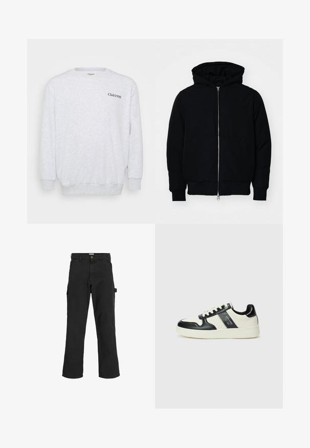 Sort hættejakke med frontlynlås, kængurulomme, ribbede manchetter og kant, præsenteret på en ensfarvet hvid baggrund.; Lys grå sweatshirt lavet af fleece materiale. Har rund hals, lange ærmer og "Club1990" trykt i sort på forsiden.; Sorte cargo-bukser i en blanding af bomuldsstof. Har brede ben, skråtgående frontlommer og en sidelomme med en løkke til tilbehør.; Lædersneakers i sort og creme farveskema, med perforerede detaljer, en polstret krave og en struktureret ydersål.