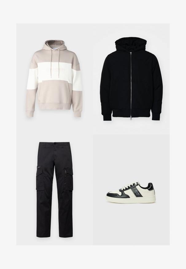 Črna kapuca jakna s sprednjim zadrgo, kenguru žepom, rebrastimi manšetami in hemom, razstavljena na enostavni beli ozadju.; Puli z kapuco v bež barvi z belimi vodoravnimi črtami. Ima sprednji žep in vrvico za zategovanje, izdelan je iz mešanice mehkega bombaža.; Črne cargo hlače z več žepi, z zadrgo na stegnu, ravnim krojem in trdnim bombažnim materialom z rahlo sijajem.; Usnjeni športni čevlji z črno in krem barvno shemo, ki vključujejo perforirane dodatke, podložen ovratnik in strukturirano podplat.