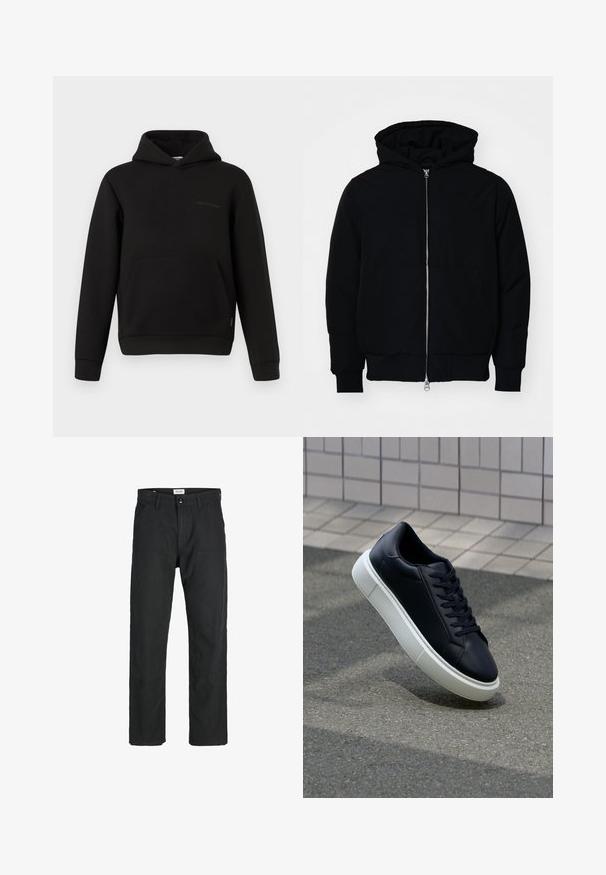 Černá kapucňová bunda s předním zipem, klokaní kapsou, vroubkovanými manžetami a spodním lemem, vystavená na čistém bílém pozadí.; Černá mikina s kapucí, přední klokanní kapsou, dlouhými rukávy a malým vodorovným švem na levé straně hrudi na bílém pozadí.; Černé kalhoty vyrobené z odolné tkaniny, s rovnými nohavicemi, šitými akcenty a dvěma předními kapsami pro praktičnost.; Černé kožené tenisky s kulatou špičkou a bílou gumovou podrážkou. mají ploché tkaničky a minimální šití na svršku. Texturovaná podrážka pro lepší přilnavost.