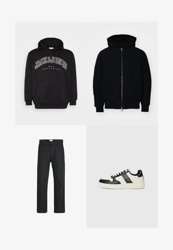 Chaqueta negra con capucha, cierre frontal, bolsillo tipo canguro, y puños y dobladillo acanalados, exhibida sobre un fondo blanco liso.; Sudadera negra hecha de una mezcla de algodón. Cuenta con un bolsillo canguro en el frente, capucha con cordón y logo de la marca impreso en blanco en el pecho.; Pantalones negros de tela duradera, con un diseño de pierna recta, detalles cosidos y dos bolsillos frontales para mayor funcionalidad.; Zapatillas de cuero con un esquema de colores negro y crema, que cuentan con acentos perforados, un collar acolchado y una suela texturizada.