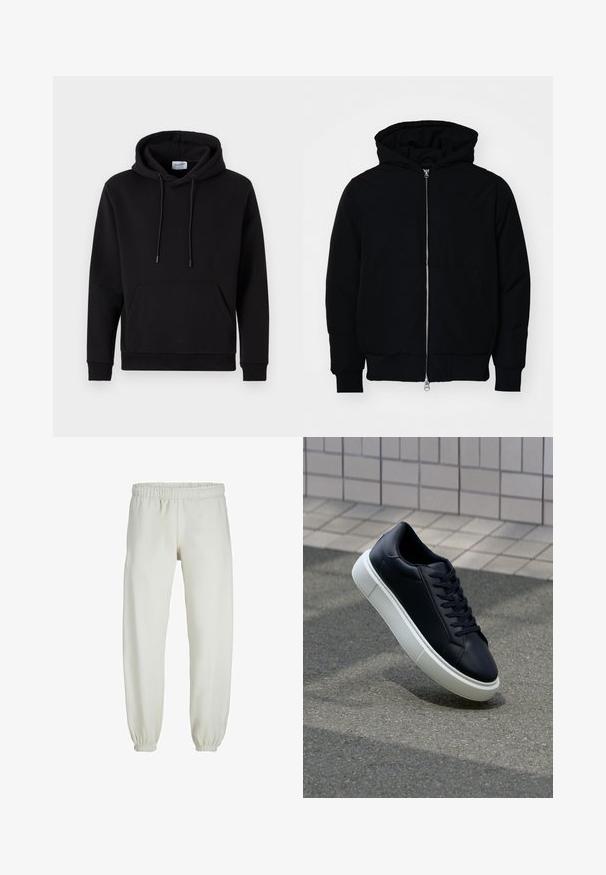 Czarna kurtka z kapturem, z suwakiem z przodu, kieszenią kangurką, ściągaczami przy mankietach i dolnym brzegu, prezentowana na jednolitym białym tle.; Czarna bluza z kapturem wykonana z tkaniny bogatej w bawełnę, z kieszenią z przodu, kapturem na sznurki i ściągaczami przy mankietach. Prosty i casualowy design.; Białe dresy wykonane z miękkiego materiału, z elastycznym pasem i mankietami, o gładkiej fakturze i luźnym kroju.; Czarne skórzane sneakersy z okrągłym noskiem i białą gumową podeszwą. Posiadają płaskie sznurowadła i minimalne przeszycia na cholewce. Teksturowana podeszwa zapewnia przyczepność.