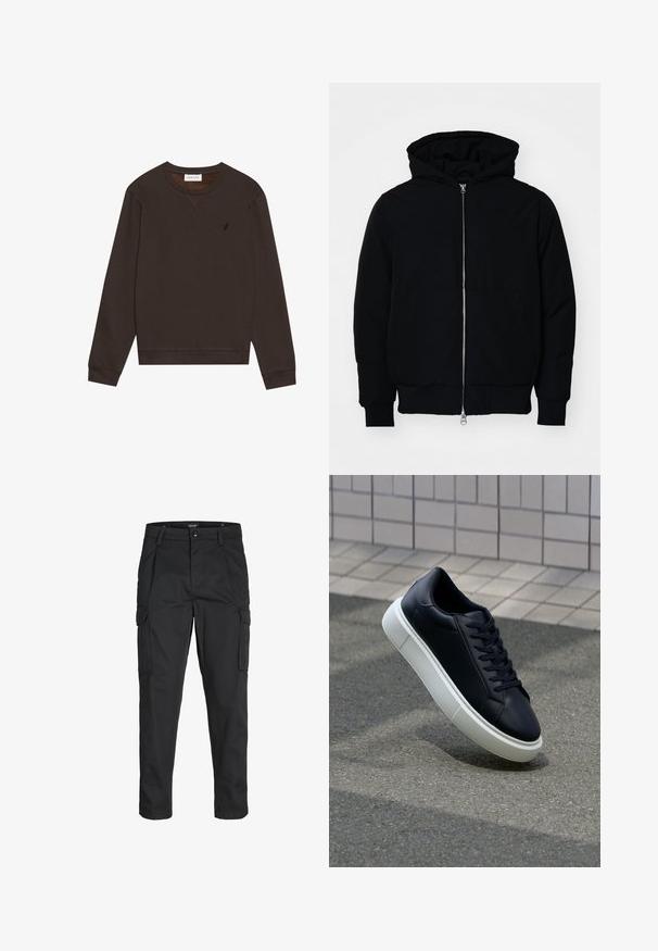 Giacca nera con cappuccio, dotata di zip frontale, tasca a marsupio, polsini e orlo a coste, esposta su uno sfondo bianco semplice.; Pier One Felpa - dark brown; Pantaloni cargo neri realizzati in un tessuto resistente, dotati di molteplici tasche, chiusura con bottone e un design aderente con gambe affusolate.; Sneaker in pelle nera con punta arrotondata e suola in gomma bianca. Presenta lacci piatti e cuciture minime sulla parte superiore. Suola testurizzata per una migliore aderenza.