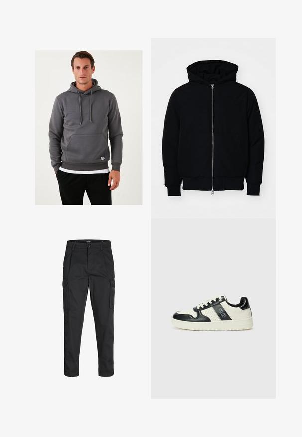 Schwarze Kapuzenjacke mit Frontreißverschluss, Kängurutasche, gerippten Bündchen und Saum, auf einem schlichten weißen Hintergrund präsentiert.; Grauer Kapuzenpullover mit Kängurutasche, Kordelzügen, gerippten Bündchen und Saum. Strukturiertes Material mit einem kleinen Logo-Patch auf der Vorderseite.; Schwarze Cargo-Hose aus robustem Material, mit mehreren Taschen, einem Knopfverschluss und einem Slim-Fit-Design mit schmal zulaufenden Beinen.; Leder-Sneaker in Schwarz- und Cremetönen, mit perforierten Akzenten, einem gepolsterten Kragen und einer strukturierten Laufsohle.